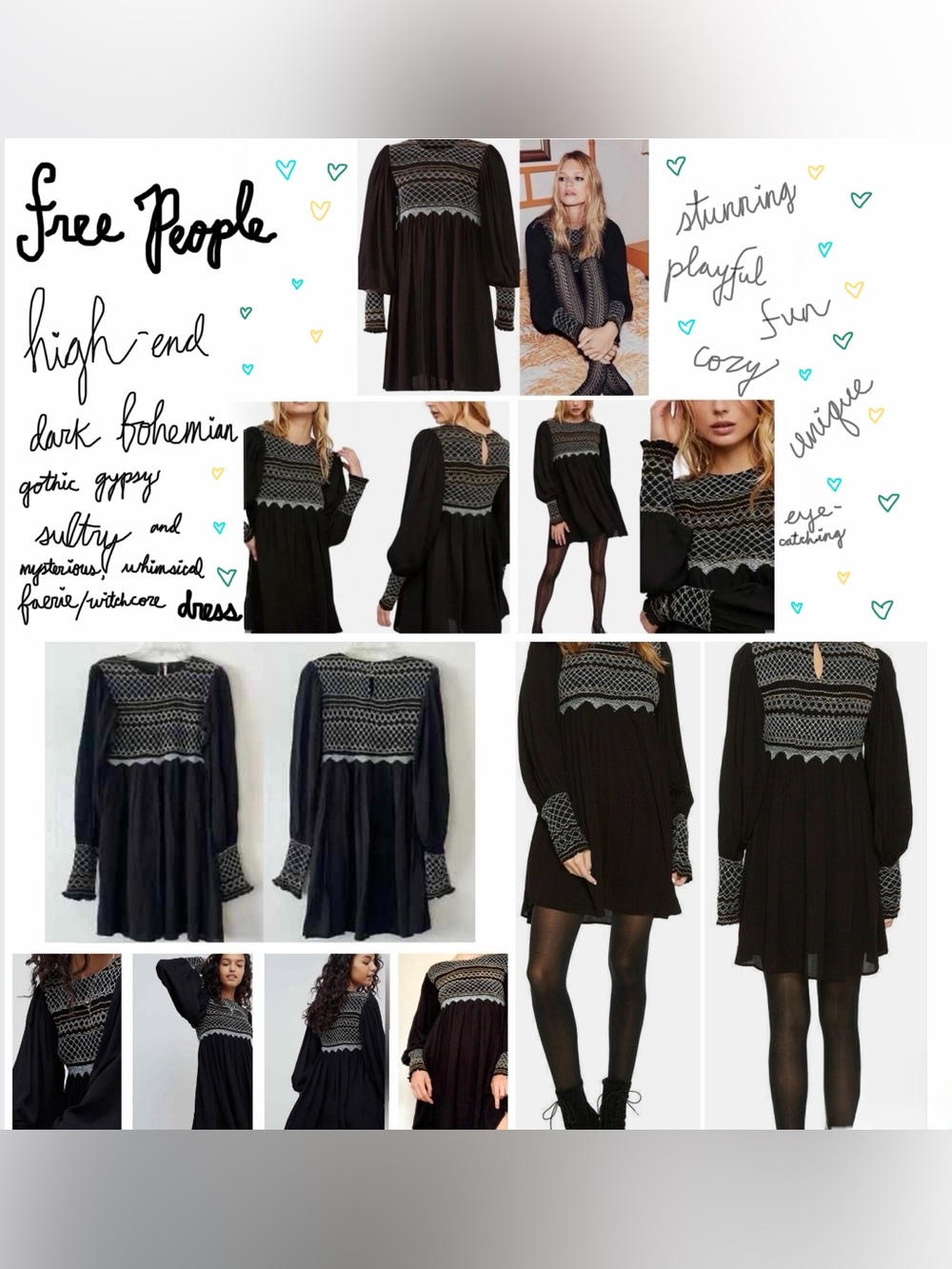Free People Bohemian Late Night Picnic Long Sleeve Dress w/ multicolor Stitching
